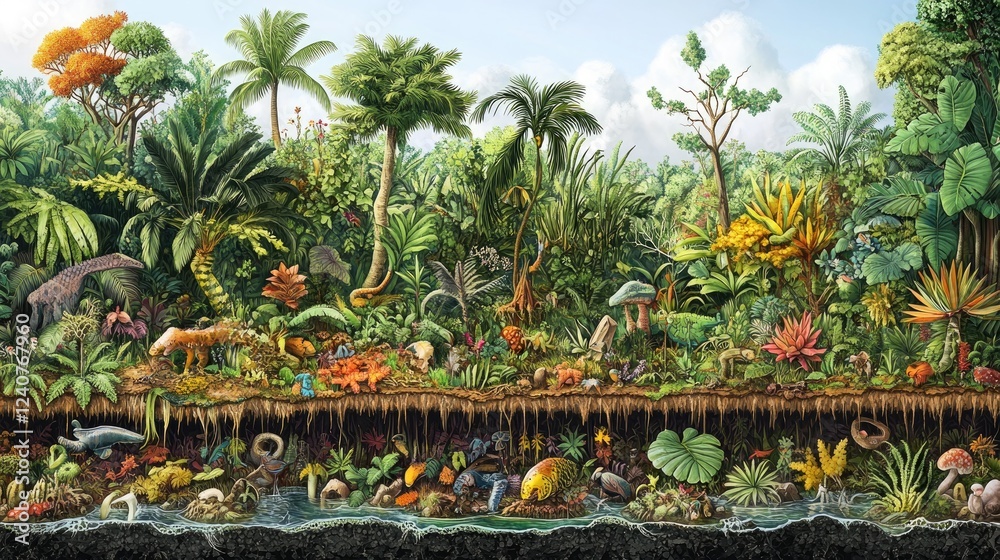 Poster a rich jungle cross-section showing the vibrant life forms at every level, from the ground to the ca