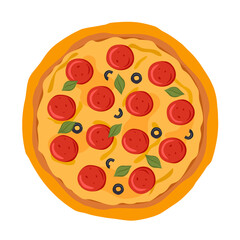 Pepperoni pizza, round pizza with salami and olives Vector illustration of fast food on isolated background.