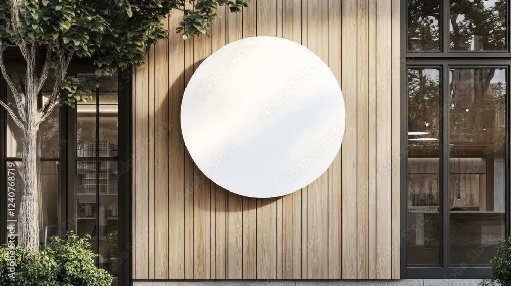 Poster a round signboard mockup with a simple white background, suspended from a wooden storefront, perfect