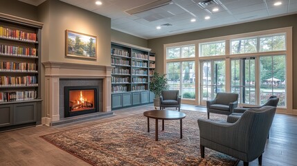 Cozy library fireplace reading room autumn sunlight