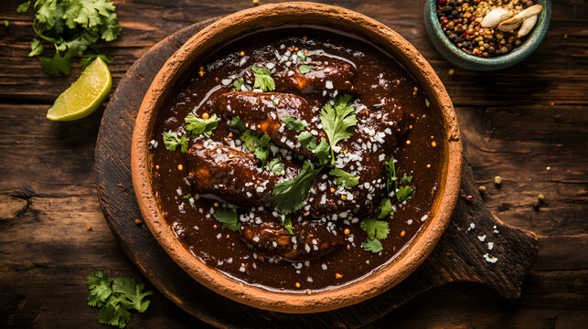A Mexican mole poblano with chicken, rich dark sauce, and spices, offering a taste of Mexican culinary depth.