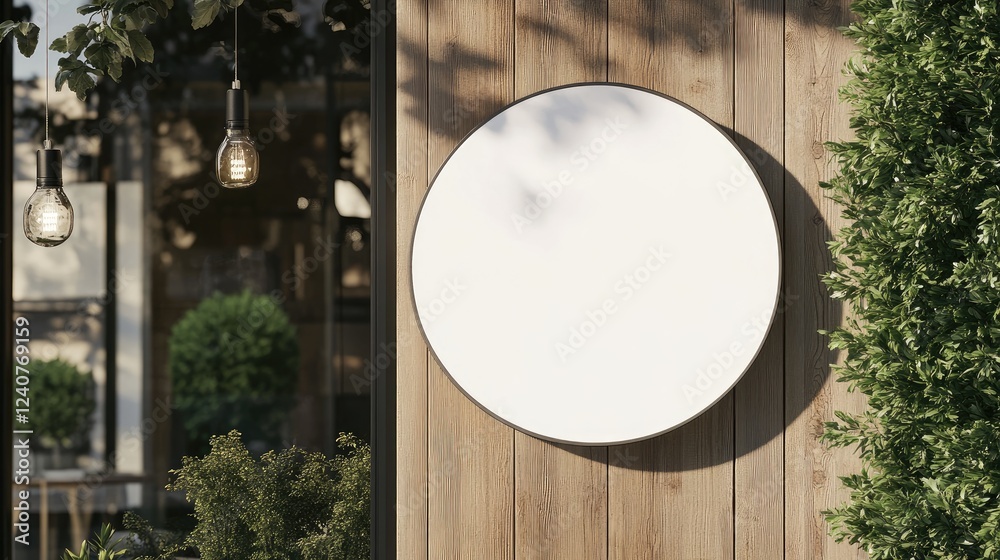 Poster a round signboard with a clean white background, elegantly hanging from a wooden storefront, offerin