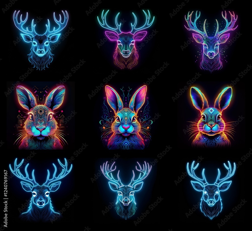 Poster nine vibrant neon animal portraits: three deer and three rabbits, each in a unique color palette. in