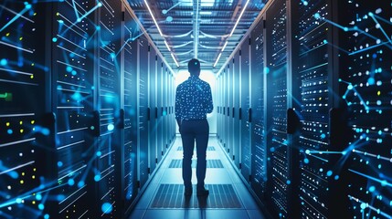 A person standing in a server room, looking at the rows of servers, with a digital network overlay.