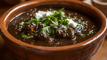 A Mexican mole poblano with chicken, rich dark sauce, and spices, offering a taste of Mexican culinary depth.
