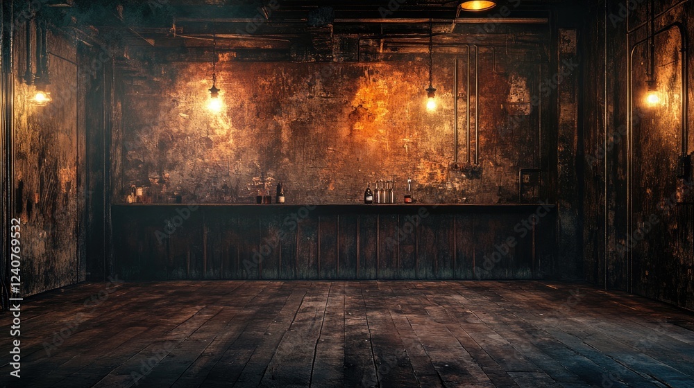 Poster A rustic, aged room with worn surfaces and dim lighting, creating a perfect backdrop for text or images in creative designs.