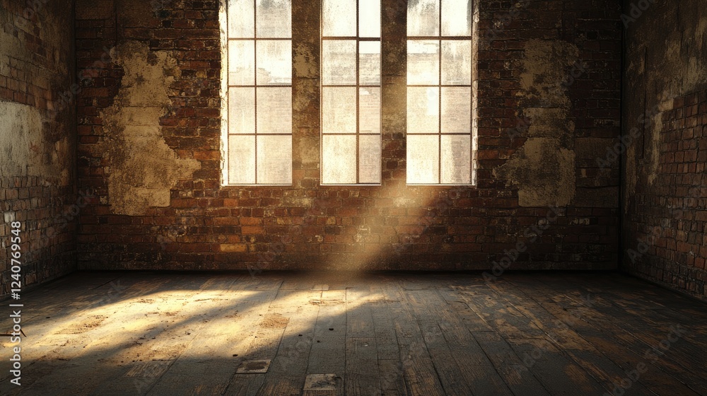 Poster A rustic, aged room with worn surfaces and dim lighting, creating a perfect backdrop for text or images in creative designs.