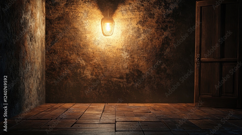 Poster A rustic, aged room with worn surfaces and dim lighting, creating a perfect backdrop for text or images in creative designs.