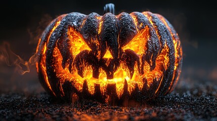 Fiery Halloween pumpkin carved in lava, smoky background, dark ground.  Possible use Halloween greeting card, poster, digital art