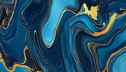Abstract blue and gold marble background with fluid lines of swirling patterns, creating an elegant wallpaper design