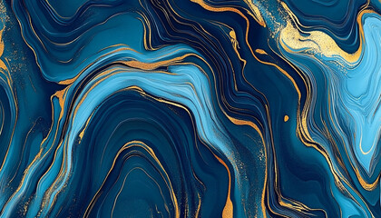 Abstract blue and gold marble background with fluid lines of swirling patterns, creating an elegant wallpaper design
