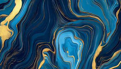 Abstract blue and gold marble background with fluid lines of swirling patterns, creating an elegant wallpaper design
