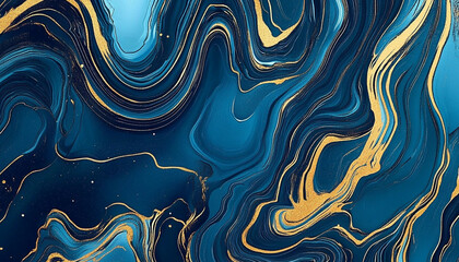 Abstract blue and gold marble background with fluid lines of swirling patterns, creating an elegant wallpaper design
