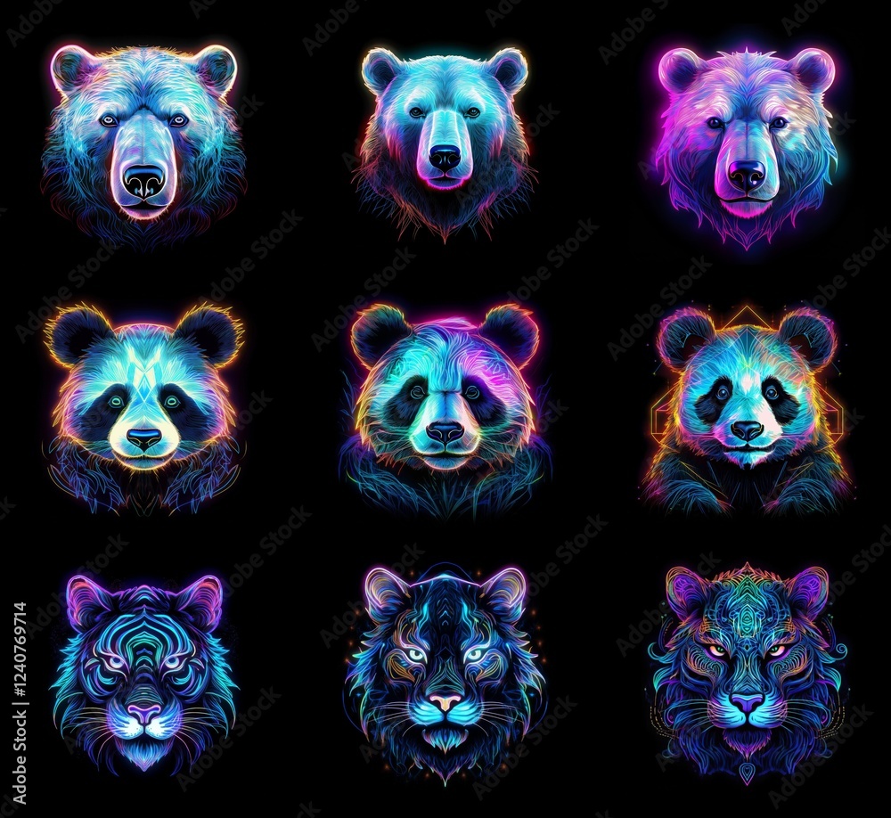Poster nine vibrant animal portraits: bears and pandas in neon hues, tigers with cosmic patterns. a digital