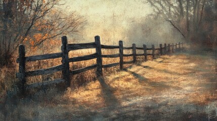Fototapeta premium A rustic fence creates deep shadows across the morning-dewy grass, with the soft early sunlight breaking through.
