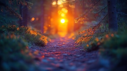Sunset forest path, nature tranquility, background blur, screensaver