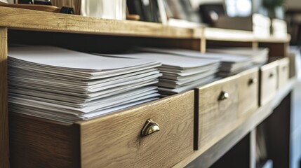 Organized Wooden Desk with Neat Stacks of Blank Paper Sheets