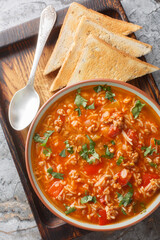 Bowl of delicious stuffed pepper soup served with toasts closeup on the table. Vertical top view from above