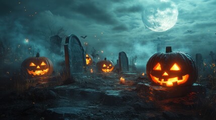 Naklejka premium Halloween jack-o'-lanterns illuminate a foggy cemetery at night under a full moon
