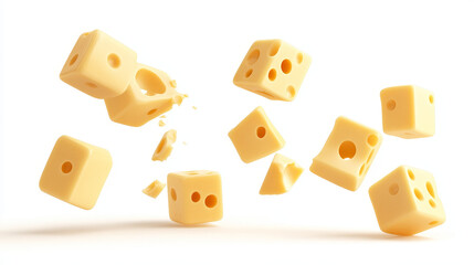 "Levitating Cheese Cubes with Holes on White Background – Clipping Path Included"

