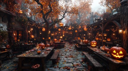 Autumnal Halloween feast in a mystical courtyard