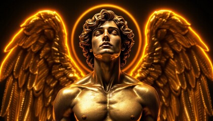Golden Angel Statue with Wings Neon Halo Art