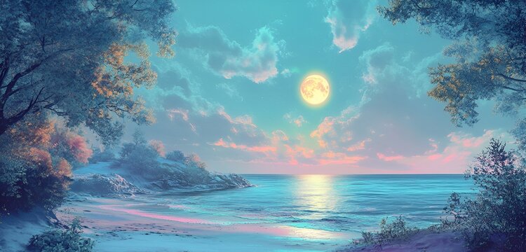 A serene album cover with a tranquil beach scene, glowing moonlight, and soft pastel tones