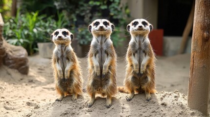 Fototapeta premium Three meerkats stand upright in a sandy area, displaying curious expressions, surrounded by greenery.