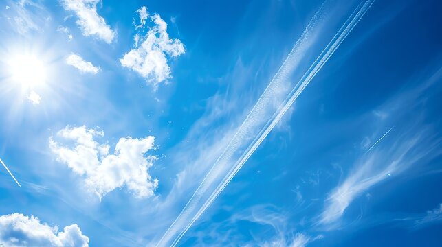 A blue sky with white clouds and contrails from airplanes.