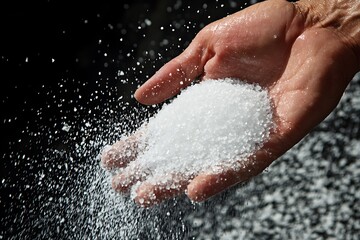 Fototapeta premium Sugar powder in hand on black background, close up shot