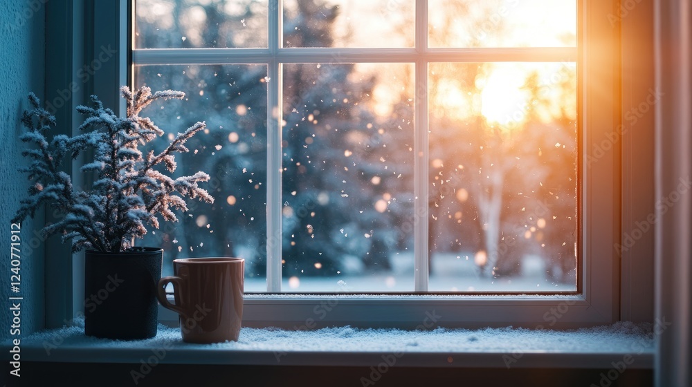 Poster a soft-focus winter scene through a window with gentle sunlight streaming in, offering a peaceful an