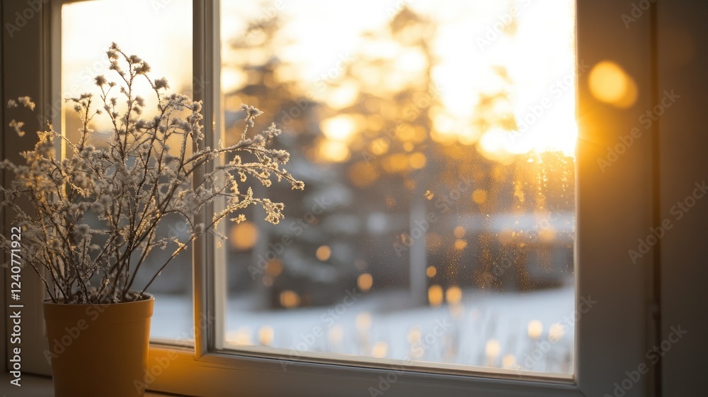 Poster a soft-focus winter scene through a window with gentle sunlight streaming in, offering a peaceful an
