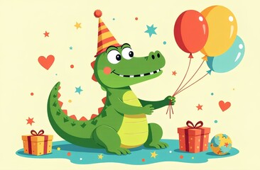 Fototapeta premium Cute crocodile with balloons, postcard for children's birthday, holiday. Funny animals