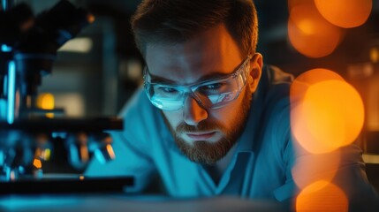 Scientist Examining Sample with Microscope in Modern Laboratory Setting