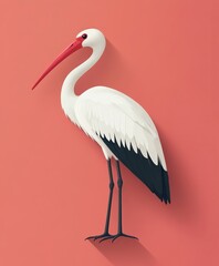 Elegant White Bird with Long Red Beak on Coral Background