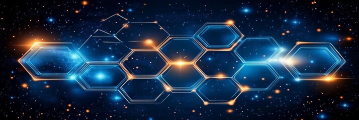 Abstract Futuristic Tech Background, Blue And Orange Honeycombs Pattern Illustration
