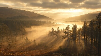 Misty sunrise valley, golden light, autumnal forest, Scotland, nature wallpaper