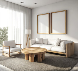 A living room with three large gold frames on the wall, a white sofa and armchair, a wooden coffee table, soft curtains, natural light from the window, a cozy atmosphere, and a modern interior 