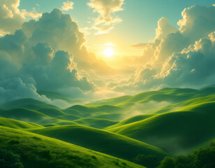 A stunning anime-style panoramic landscape with surreal green clouds and golden sunlight, blending fantasy and serenity in a breathtaking wide-angle view.
