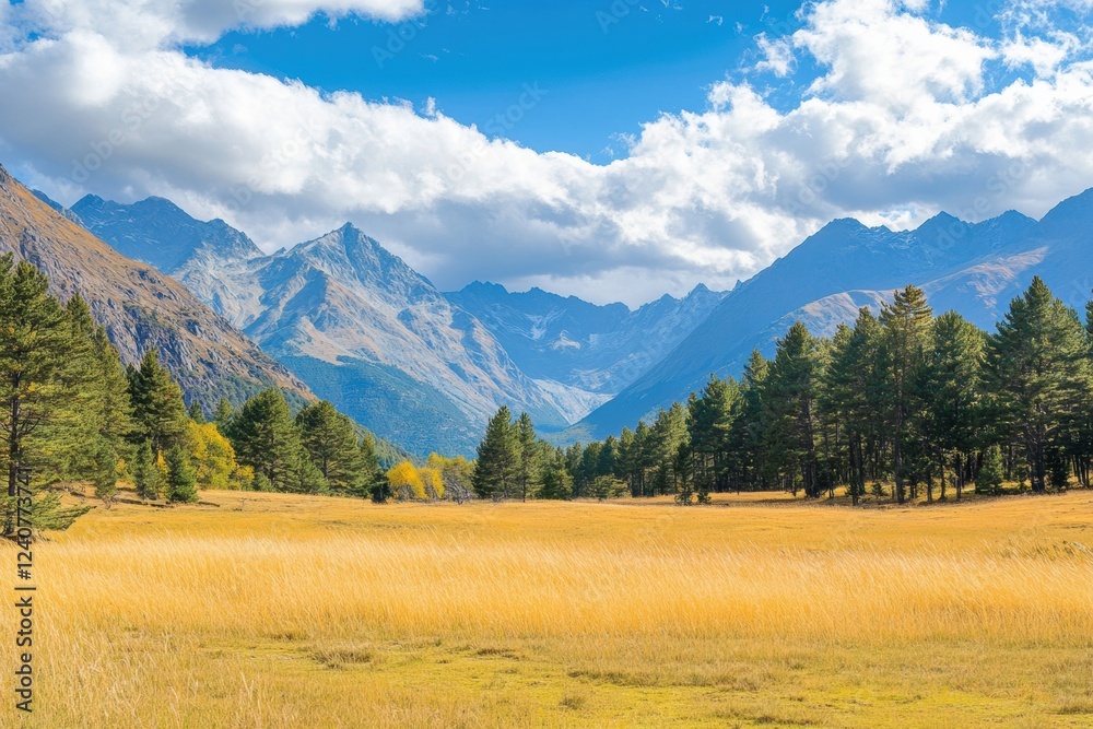 Poster breathtaking mountain landscape featuring an expansive field under a vibrant sky in autumn. generati