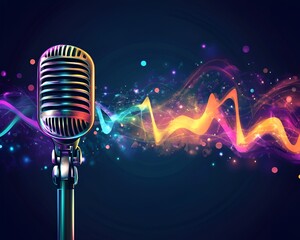 A stylish design with a vintage jazz microphone, colorful lights, and dynamic sound waves