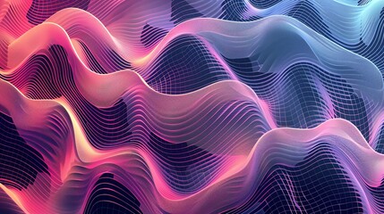 An abstract background of glowing pink and blue waves on a grid.
