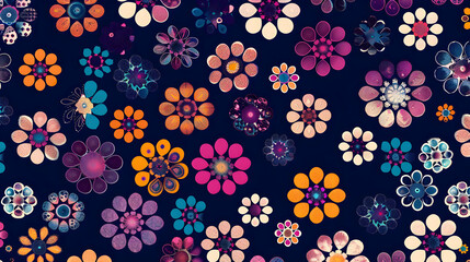 Vibrant floral pattern featuring colorful flowers on a dark background, ideal for design use