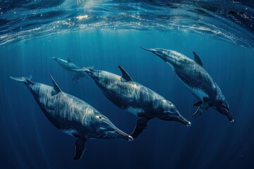 Fototapeta premium Three dolphins swim gracefully beneath the surface of the water, illuminated by sunlight filtering through the waves.
