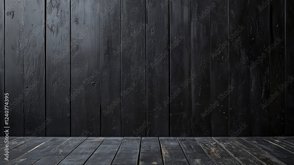 Poster a textured black wall with rustic wooden planks, creating a perfect backdrop for showcasing products