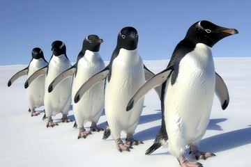 Obraz premium A charming group of five penguins waddling across a snowy landscape under a clear blue sky.