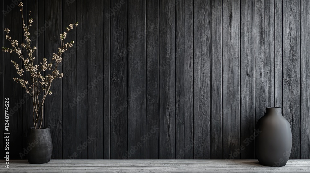 Poster a textured black wall with rustic wooden planks, creating a perfect backdrop for showcasing products