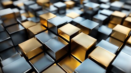 Fototapeta premium A geometric pattern of metallic cubes in silver and gold, creating a modern and abstract background.