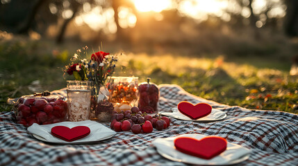 A romantic picnic setup with heart-shaped plates and decorations