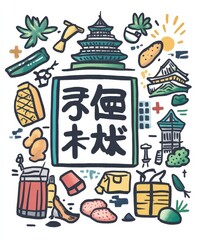 Colorful Illustration of Japanese Culture and Iconic Symbols